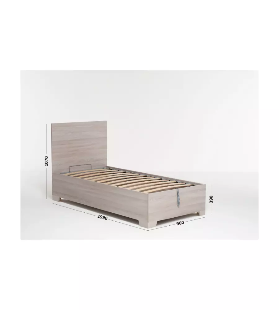 Letto singolo 'hi box' olmo naturale con rete, contenitore e piedini 90x190 cm